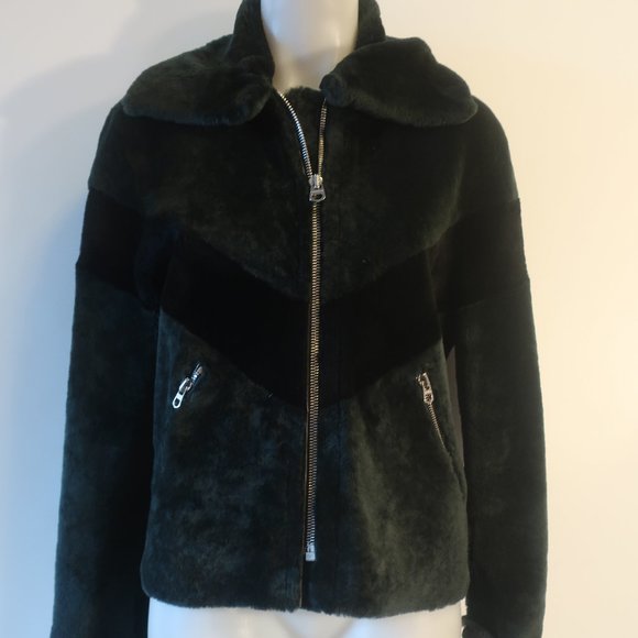 Sandro Jackets & Blazers - Womens Sandro Black Dark Green Shearling Leather Zip Jacket 1 US/S *